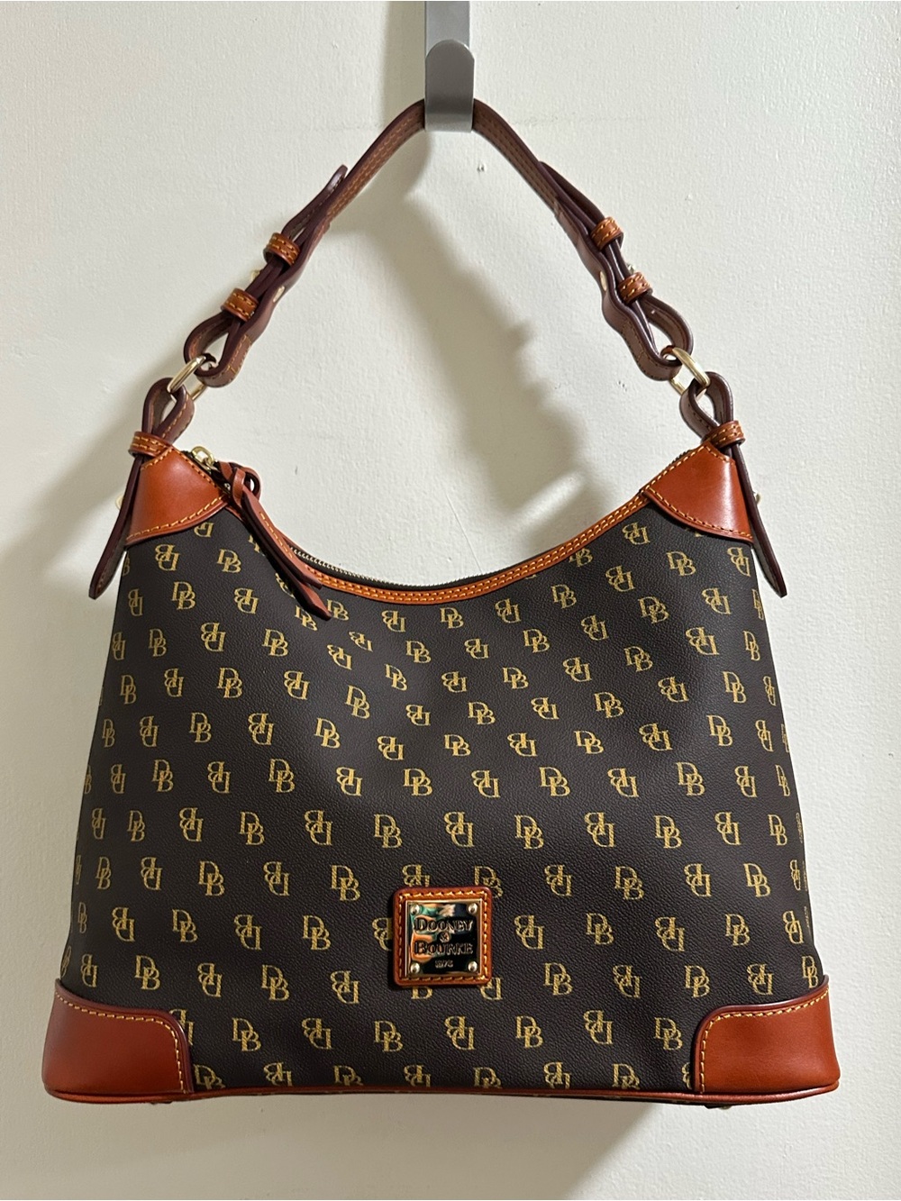 Dooney & Bourke Brown Monogram Hobo Shoulder Bag with Tan Leather Trim